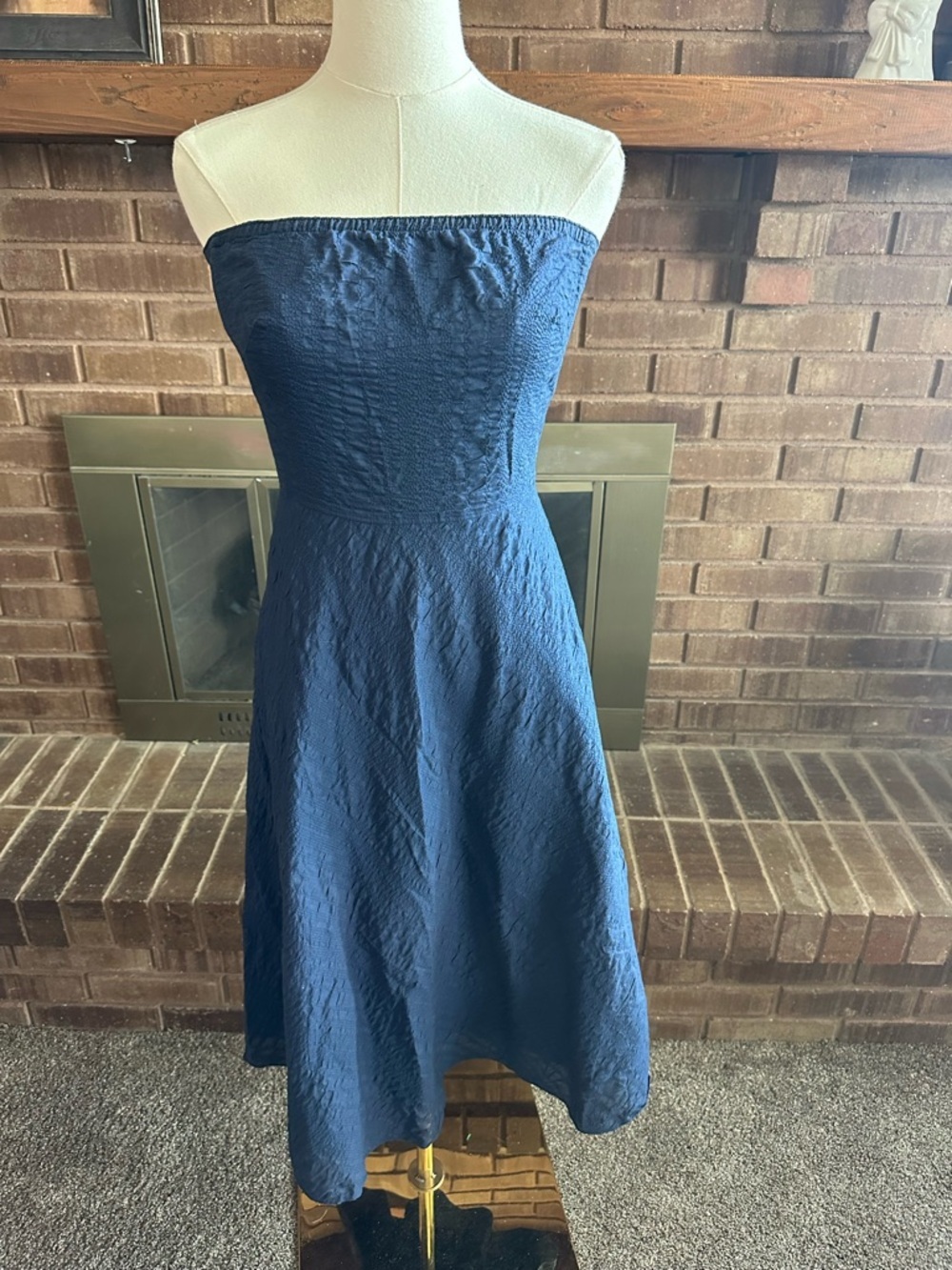 J. Crew Blue Seersucker Strapless Midi Dress 4 | Coastal Preppy Classic